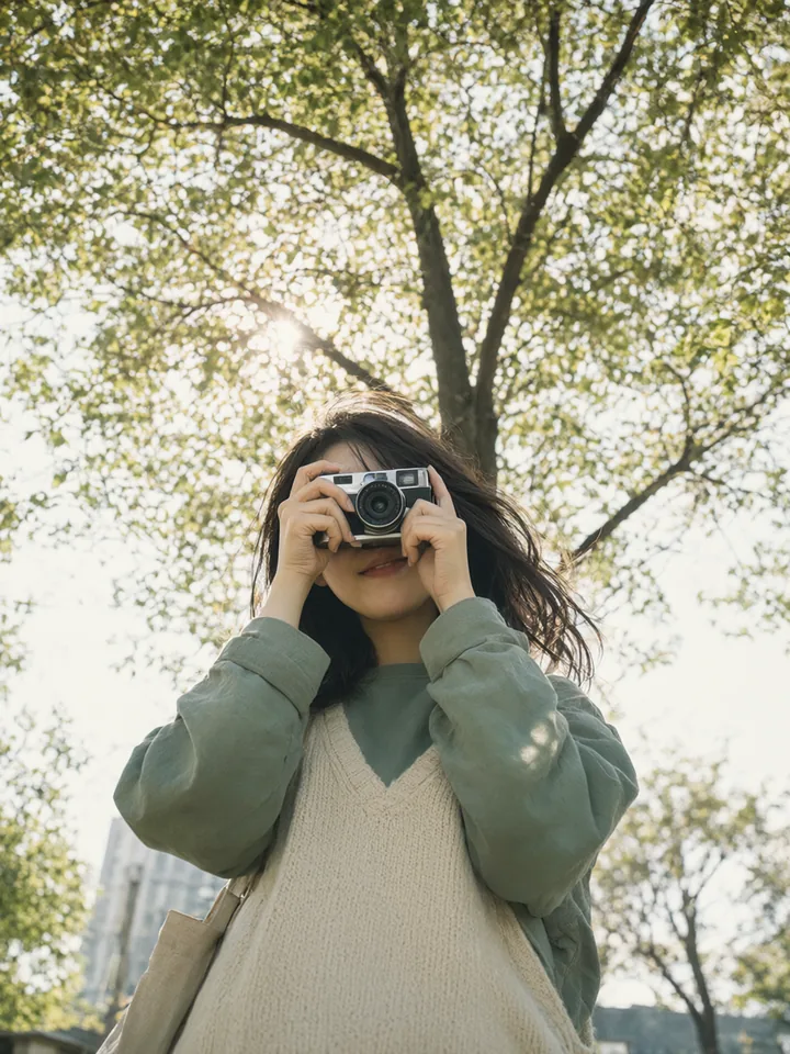 A woman looking through a film camera beneath backlit trees